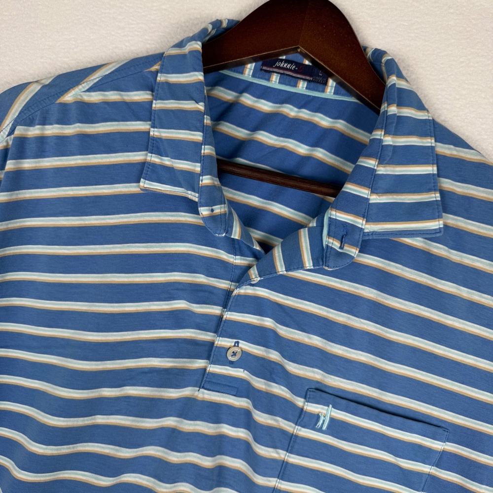 Johnnie-O Polo Shirt Mens Large Blue Striped Short Sleeve Pocket JMPO2000